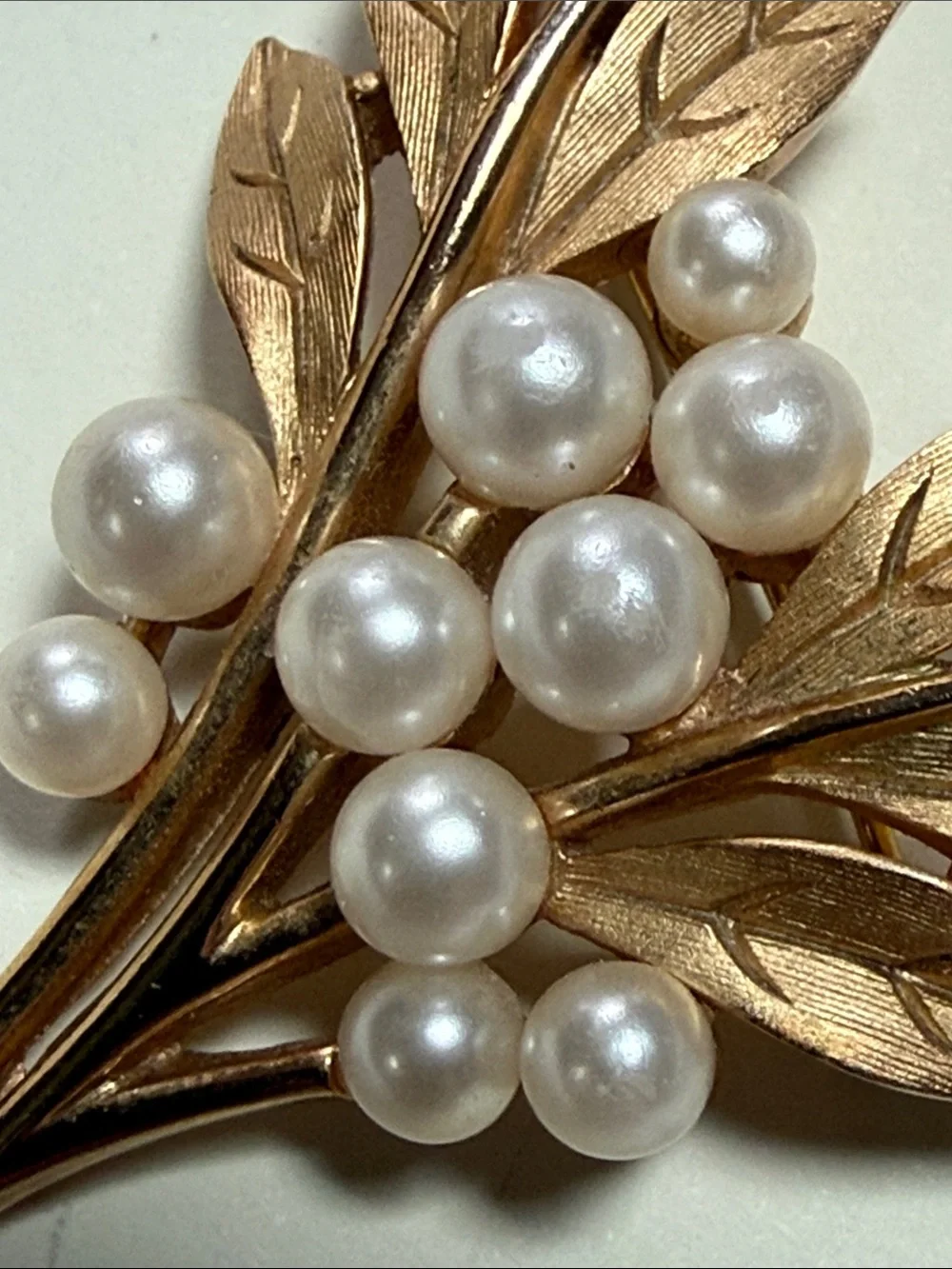 Vintage Crown Trifari Goldtone and Faux Pearl Leaf Brooch